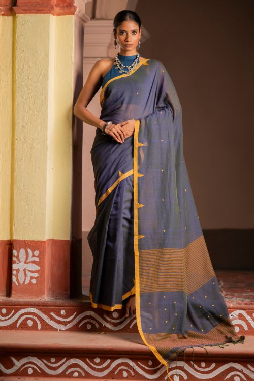 TICH Soft & Light. Handwoven Bengal Cotton Saree - Charcoal Mustard