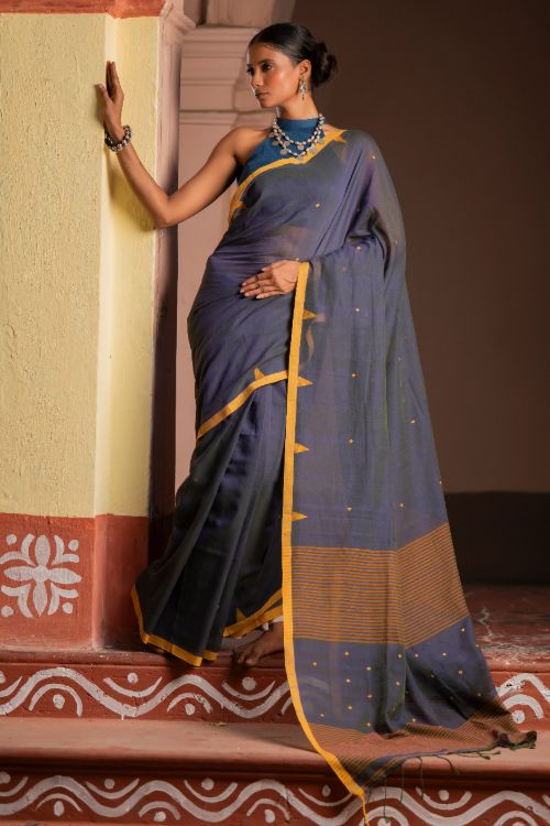 TICH Soft & Light. Handwoven Bengal Cotton Saree - Charcoal Mustard