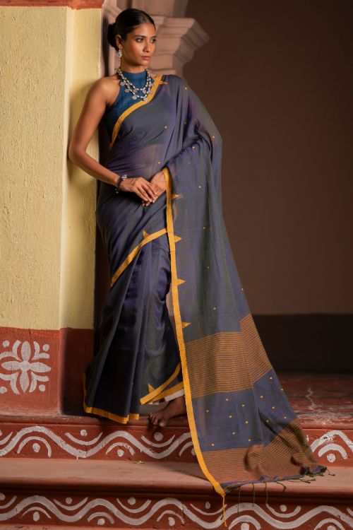 TICH Soft & Light. Handwoven Bengal Cotton Saree - Charcoal Mustard