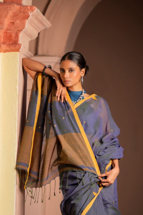 TICH Soft & Light. Handwoven Bengal Cotton Saree - Charcoal Mustard