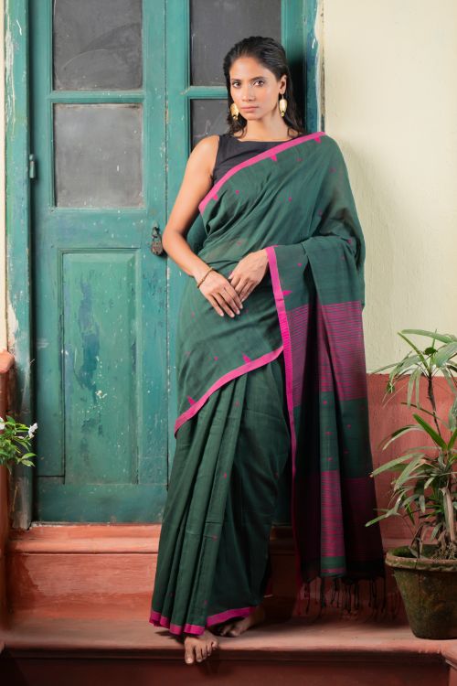 TICH Soft & Light. Handwoven Bengal Cotton Saree - Garden Noir