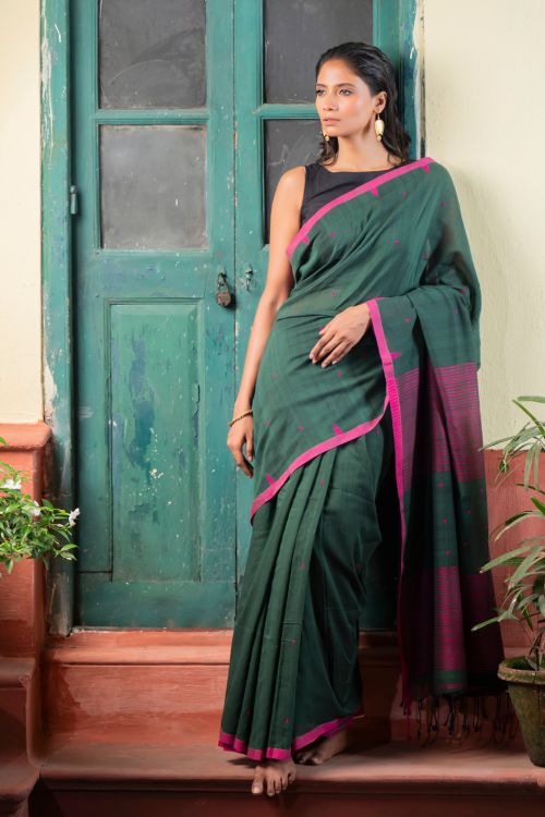 TICH Soft & Light. Handwoven Bengal Cotton Saree - Garden Noir