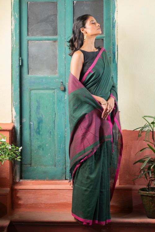 TICH Soft & Light. Handwoven Bengal Cotton Saree - Garden Noir