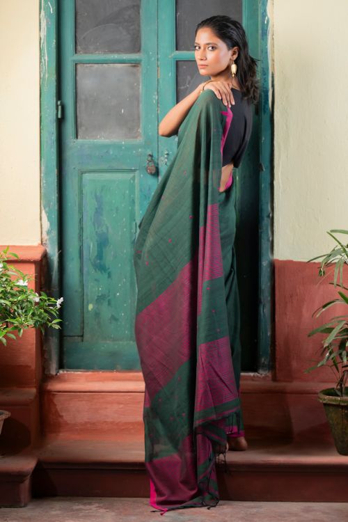 TICH Soft & Light. Handwoven Bengal Cotton Saree - Garden Noir