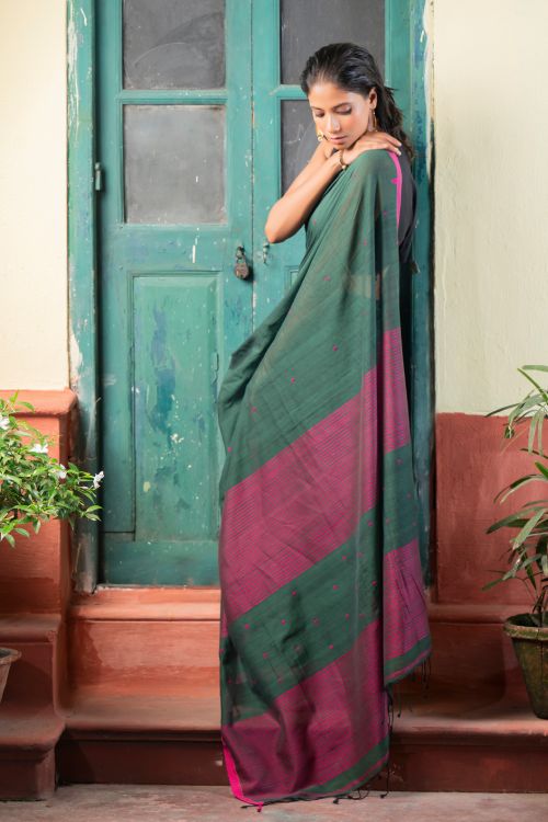 TICH Soft & Light. Handwoven Bengal Cotton Saree - Garden Noir