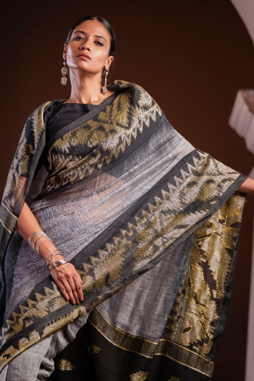 TICH Exclusive Handwoven Bengal Linen Jamdani Saree - Meghrekha