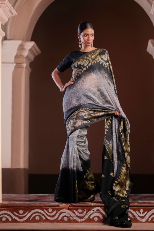 TICH Exclusive Handwoven Bengal Linen Jamdani Saree - Meghrekha