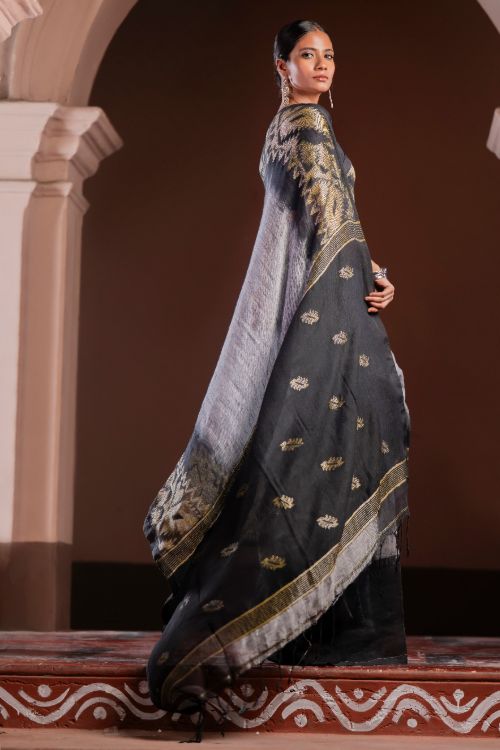 TICH Exclusive Handwoven Bengal Linen Jamdani Saree - Meghrekha