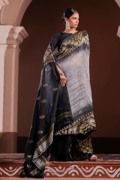 TICH Exclusive Handwoven Bengal Linen Jamdani Saree - Meghrekha