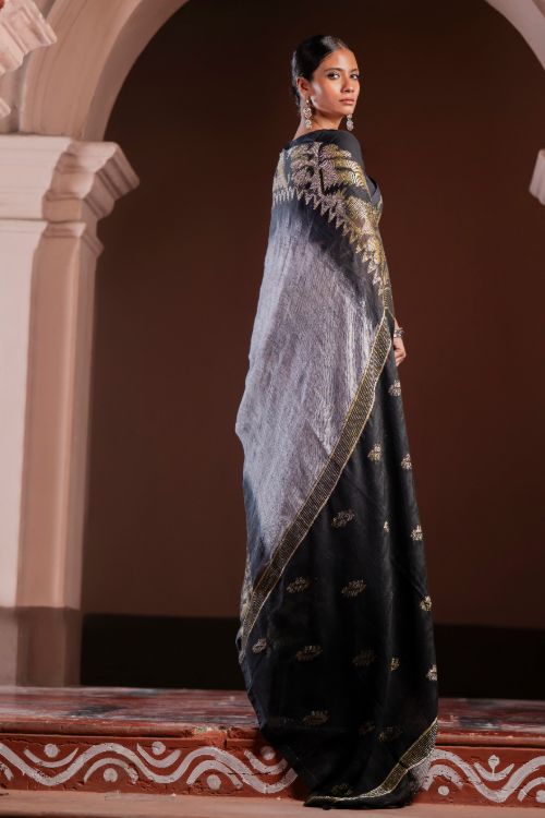 TICH Exclusive Handwoven Bengal Linen Jamdani Saree - Meghrekha