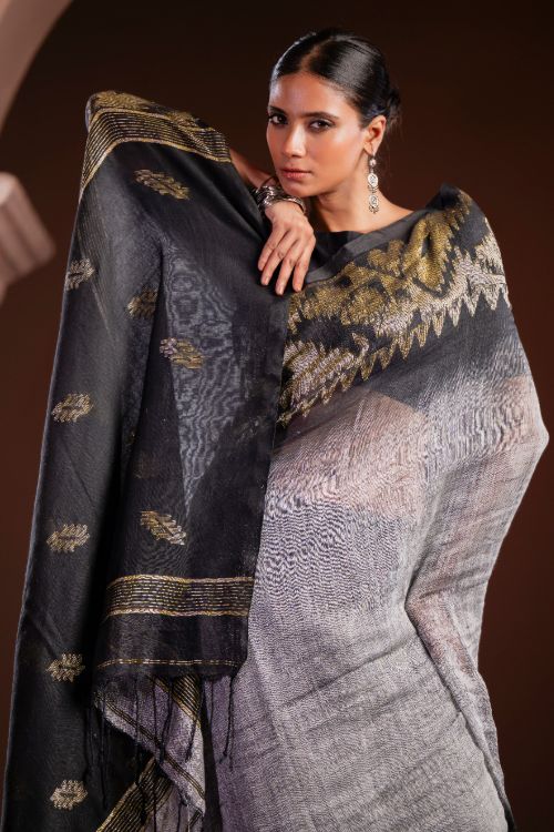 TICH Exclusive Handwoven Bengal Linen Jamdani Saree - Meghrekha