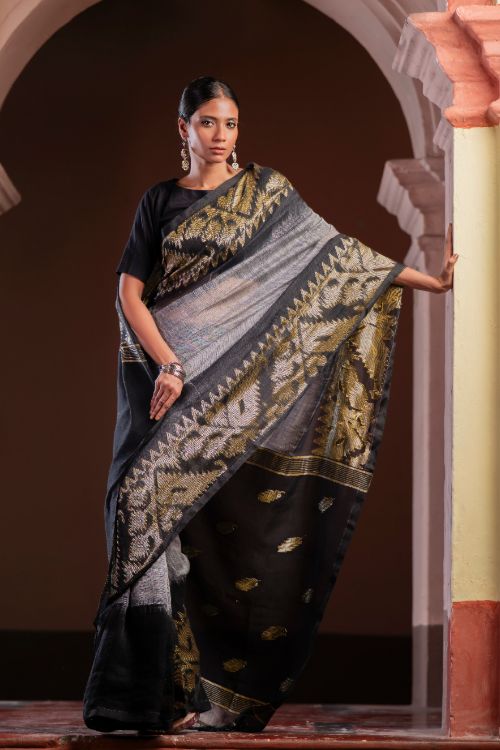 TICH Exclusive Handwoven Bengal Linen Jamdani Saree - Meghrekha