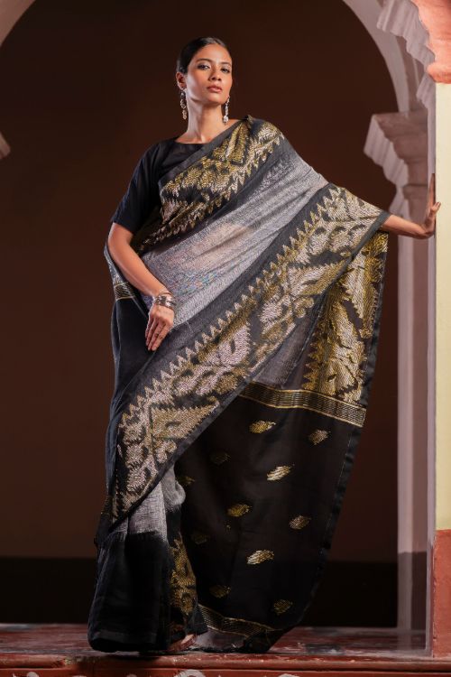 TICH Exclusive Handwoven Bengal Linen Jamdani Saree - Meghrekha