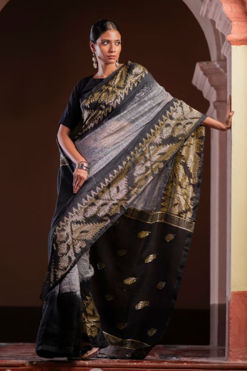 TICH Exclusive Handwoven Bengal Linen Jamdani Saree - Meghrekha