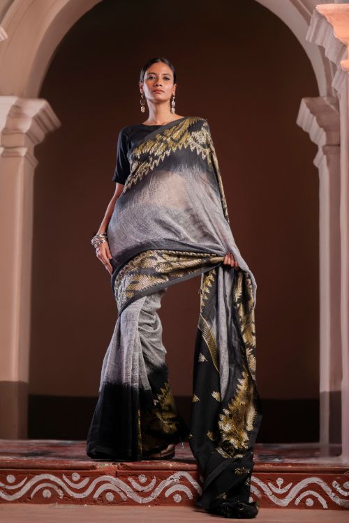 TICH Exclusive Handwoven Bengal Linen Jamdani Saree - Meghrekha