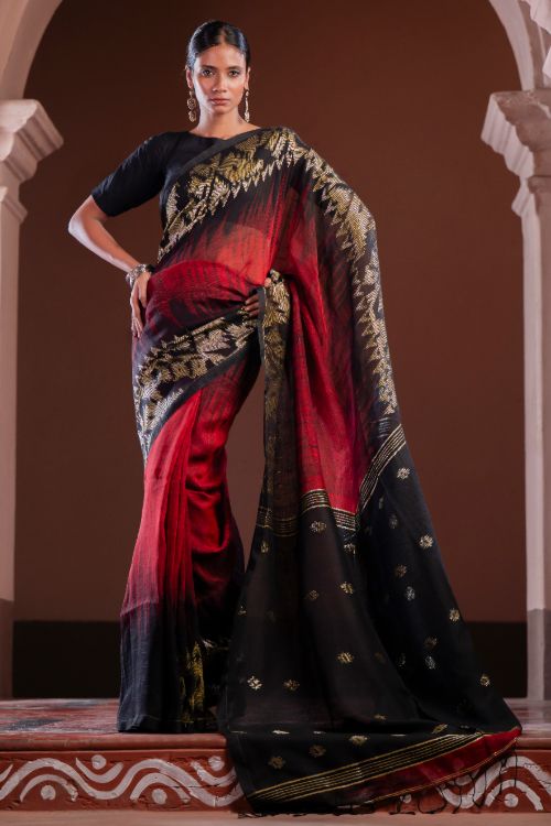 TICH Exclusive Handwoven Bengal Linen Jamdani Saree - Aarunya Raga