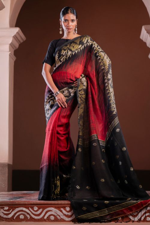 TICH Exclusive Handwoven Bengal Linen Jamdani Saree - Aarunya Raga