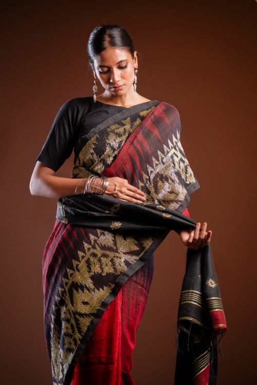 TICH Exclusive Handwoven Bengal Linen Jamdani Saree - Aarunya Raga