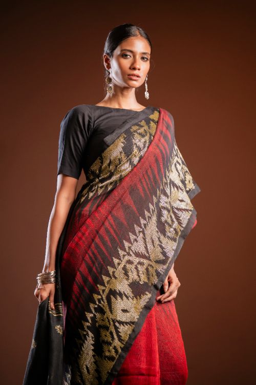 TICH Exclusive Handwoven Bengal Linen Jamdani Saree - Aarunya Raga