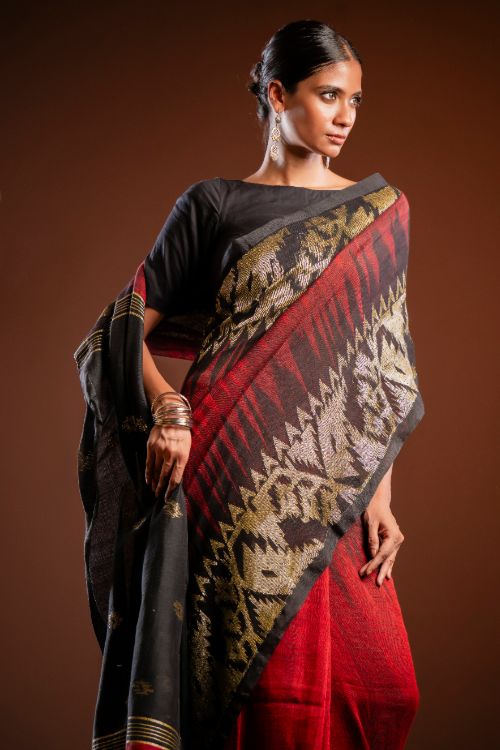 TICH Exclusive Handwoven Bengal Linen Jamdani Saree - Aarunya Raga