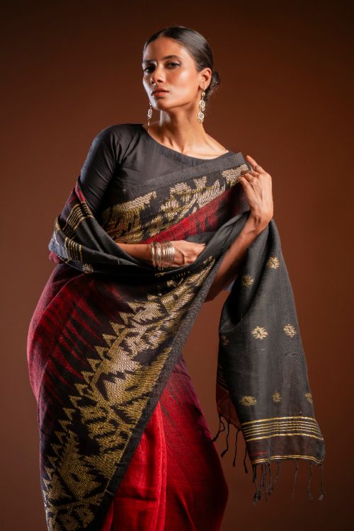 TICH Exclusive Handwoven Bengal Linen Jamdani Saree - Aarunya Raga