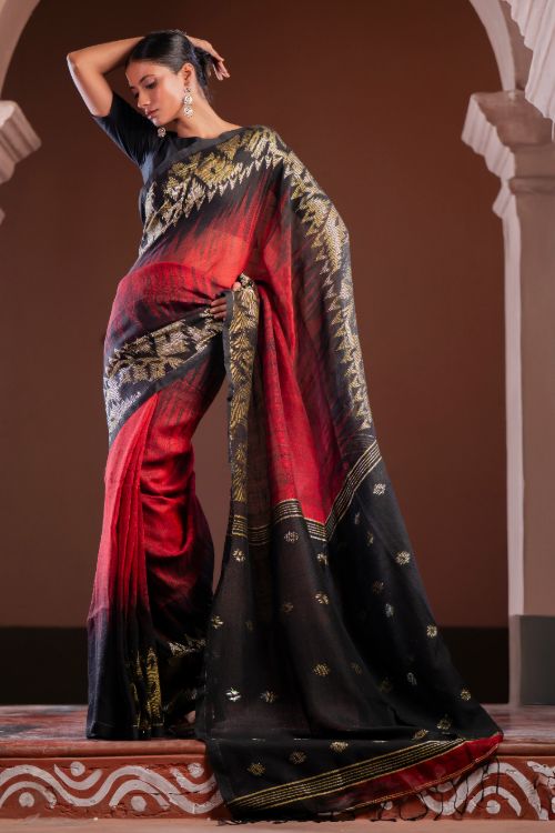 TICH Exclusive Handwoven Bengal Linen Jamdani Saree - Aarunya Raga