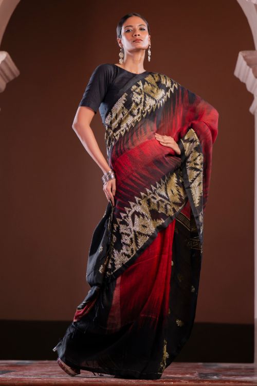 TICH Exclusive Handwoven Bengal Linen Jamdani Saree - Aarunya Raga