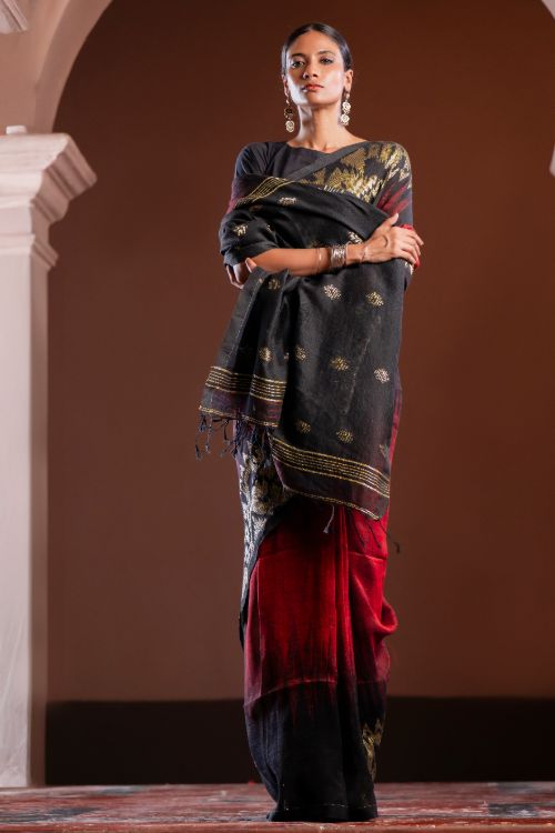 TICH Exclusive Handwoven Bengal Linen Jamdani Saree - Aarunya Raga