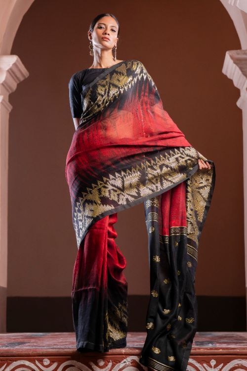 TICH Exclusive Handwoven Bengal Linen Jamdani Saree - Aarunya Raga