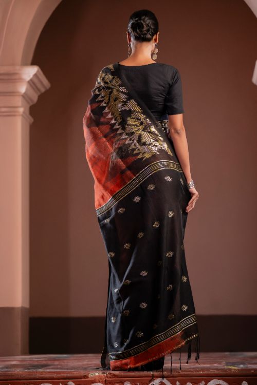 TICH Exclusive Handwoven Bengal Linen Jamdani Saree - Gulab Veena