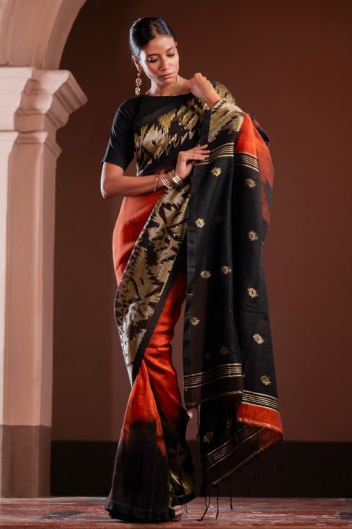 TICH Exclusive Handwoven Bengal Linen Jamdani Saree - Gulab Veena