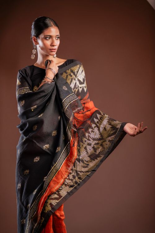 TICH Exclusive Handwoven Bengal Linen Jamdani Saree - Gulab Veena