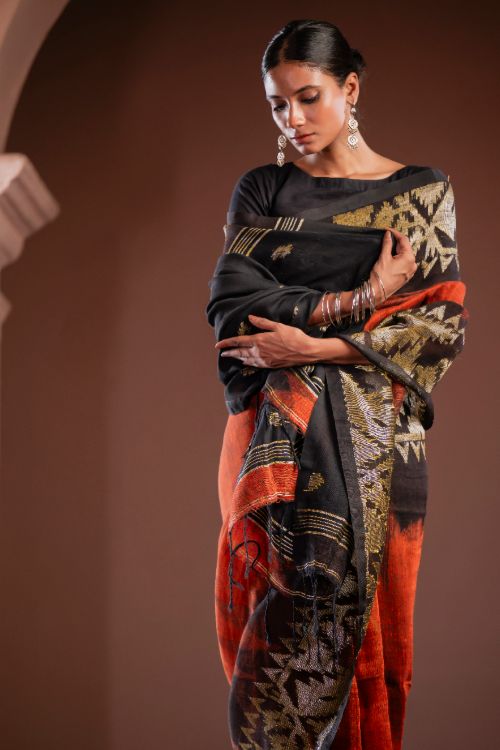 TICH Exclusive Handwoven Bengal Linen Jamdani Saree - Gulab Veena