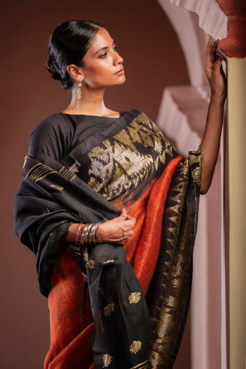 TICH Exclusive Handwoven Bengal Linen Jamdani Saree - Gulab Veena