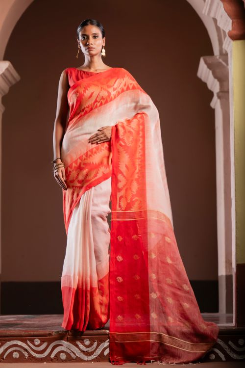 TICH Exclusive Handwoven Bengal Linen Jamdani Saree - Vaarija