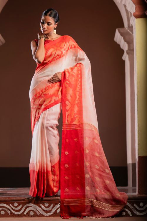 TICH Exclusive Handwoven Bengal Linen Jamdani Saree - Vaarija