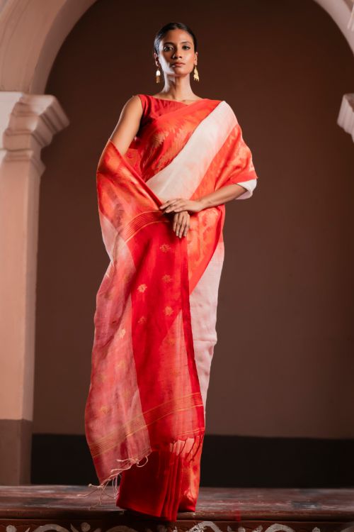 TICH Exclusive Handwoven Bengal Linen Jamdani Saree - Vaarija