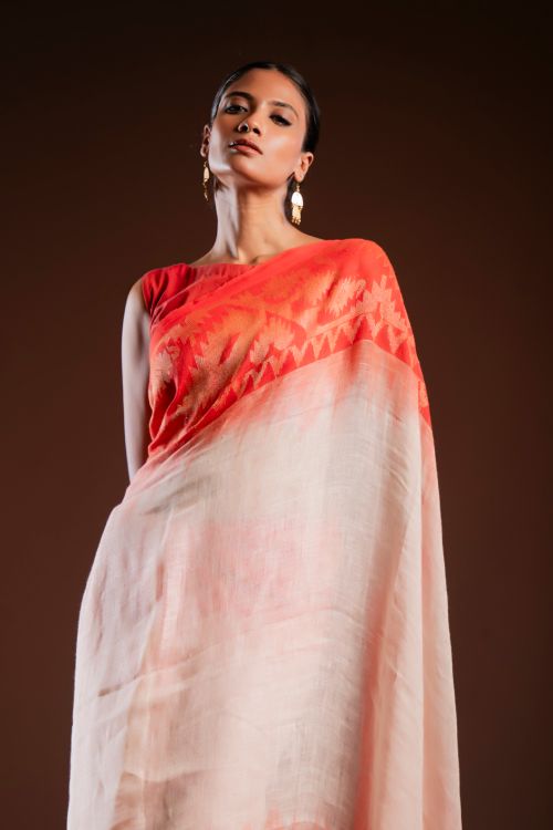 TICH Exclusive Handwoven Bengal Linen Jamdani Saree - Vaarija