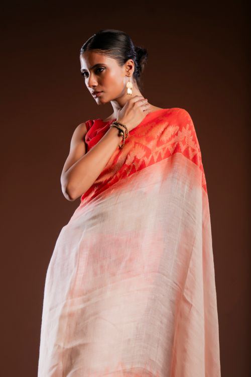 TICH Exclusive Handwoven Bengal Linen Jamdani Saree - Vaarija