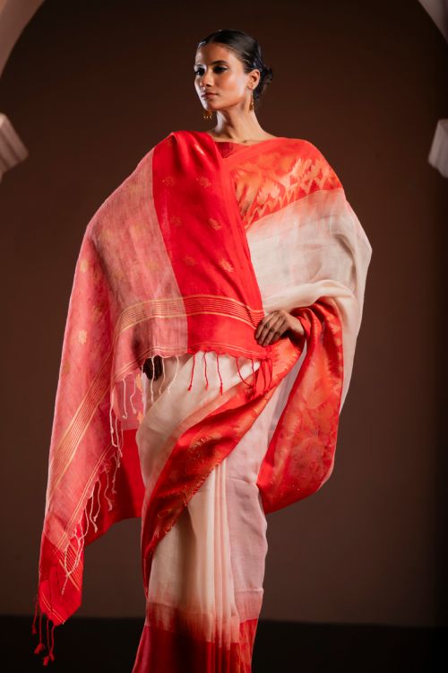 TICH Exclusive Handwoven Bengal Linen Jamdani Saree - Vaarija