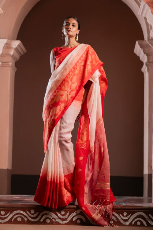 TICH Exclusive Handwoven Bengal Linen Jamdani Saree - Vaarija
