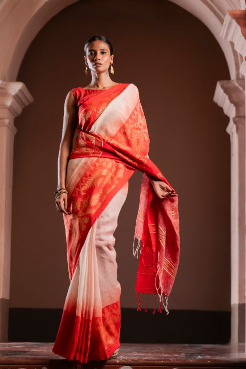 TICH Exclusive Handwoven Bengal Linen Jamdani Saree - Vaarija