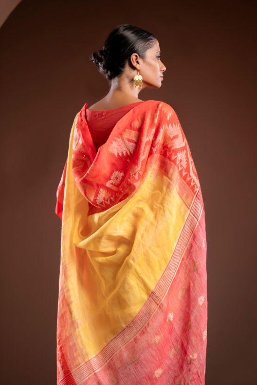 TICH Exclusive Handwoven Bengal Linen Jamdani Saree - Sondhya Tara