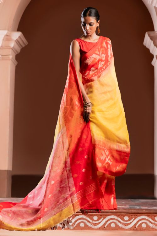 TICH Exclusive Handwoven Bengal Linen Jamdani Saree - Sondhya Tara