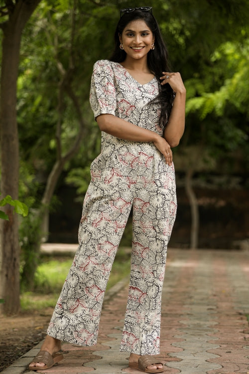 Sooti Syahi Red Black Poppy Hand Block Printed Jumpsuit
