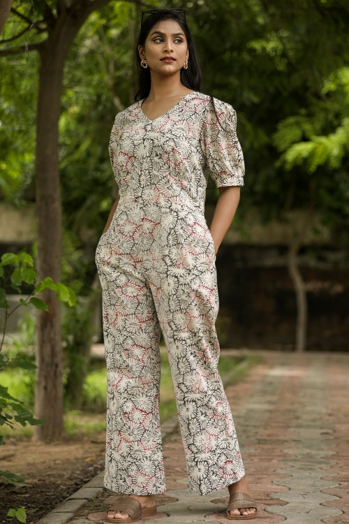 Sooti Syahi Red Black Poppy Hand Block Printed Jumpsuit