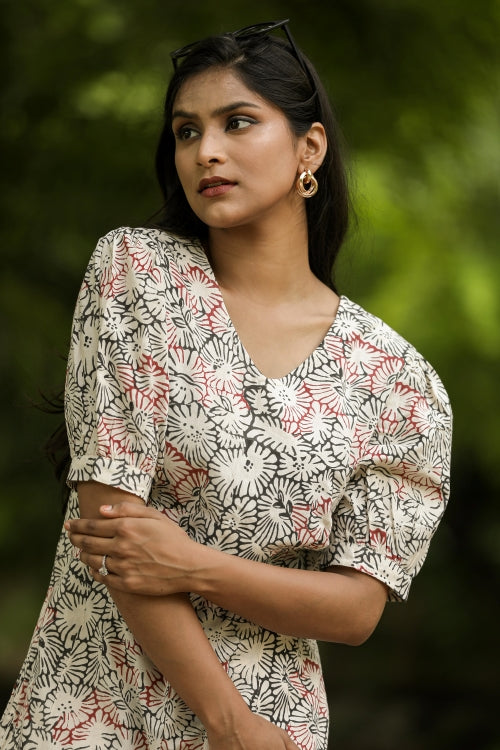 Sooti Syahi Red Black Poppy Hand Block Printed Jumpsuit