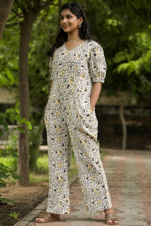 Sooti Syahi Yellow Black Bee Hand Block Printed Jumpsuit