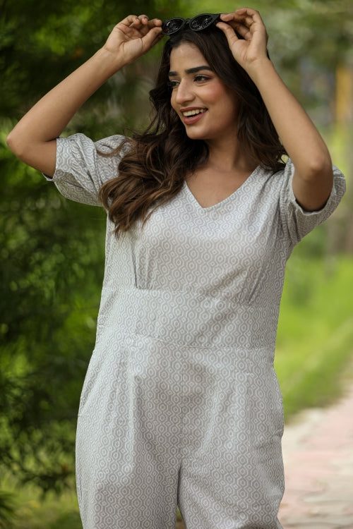 Sooti Syahi Gray Bee Hive Hand Block Printed Jumpsuit