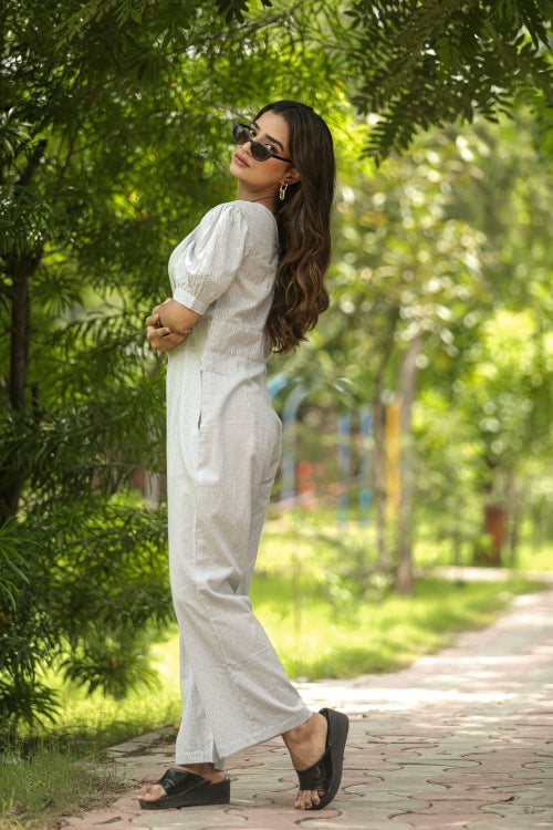 Sooti Syahi Gray Bee Hive Hand Block Printed Jumpsuit